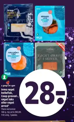 Coop 365 Irma røget hellefisk, Coop gravad-, røget laks eller røget Ørred tilbud