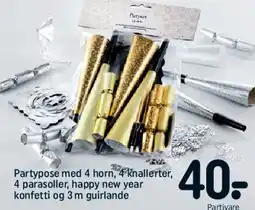 REMA 1000 Partypose med horn, knallertler, parasoller, konfetti og guirlande tilbud