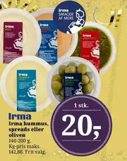 Dagli'Brugsen Irma hummus, spreads eller oliven tilbud