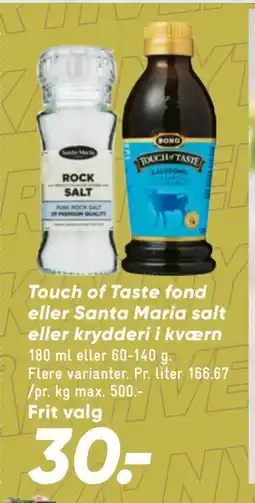 Bilka Touch of Taste fond eller Santa Maria salt eller krydderi i kværn tilbud