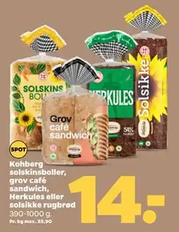 Netto Kohberg solskinsboller, grov café sandwich, Herkules eller solsikke rugbrød tilbud