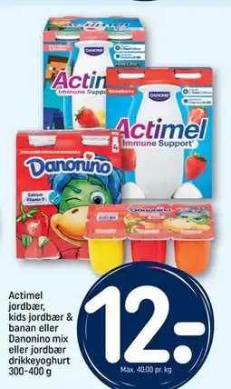 REMA 1000 Actimel jordbær, kids jordbær & banan eller Danonino mix eller jordbær drikkeyoghurt 300-400 g tilbud