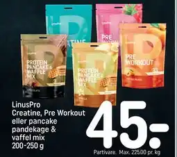 REMA 1000 LinusPro Creatine, Pre Workout eller pancake pandekage & vaffel mix 200-250 g tilbud