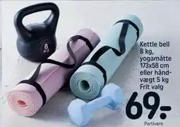 REMA 1000 Kettle bell 8 kg, yogamåtte 173x58 cm eller håndvægt 5 kg tilbud