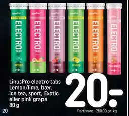 REMA 1000 LinusPro electro tabs Lemon/lime, bær, ice tea, sport, Exotic eller pink grape 80 g tilbud