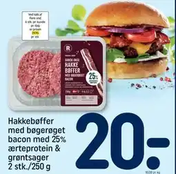 REMA 1000 Hakkebøffer med bøgerøget bacon med 25% ærteprotein & grøntsager 2 stk./250 g tilbud
