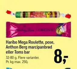 Føtex Haribo Mega Roulette, pose, Anthon Berg marcipanbrød eller Toms bar tilbud