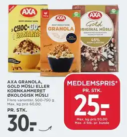 MENY AXA GRANOLA, GOLD MÜSLI ELLER KORNKAMMERET ØKOLOGISK MÜSLI tilbud