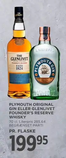 MENY PLYMOUTH ORIGINAL GIN ELLER GLENLIVET FOUNDER’S RESERVE WHISKY tilbud