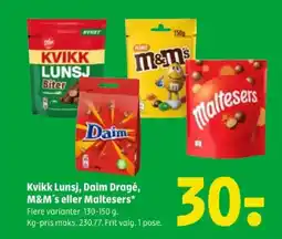Coop 365 Kvikk lunsj, daim dragé, m&m's eller maltesers tilbud