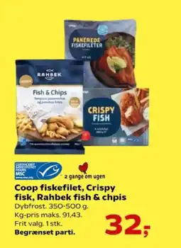 Kvickly Coop fiskefilet, crispy fisk, rahbek fish & chpis tilbud