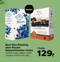 Kvickly Blue nun riesling eller piccini appassimento i boks tilbud