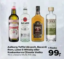 Kvickly Aalborg taffel akvavit, bacardi rom, label 5 whisky eller koskenkorva climate vodka tilbud