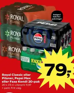Kvickly Royal classic eller pilsner, pepsi max eller faxe kondi 20-pak tilbud