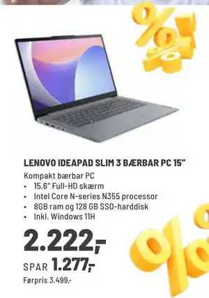 LENOVO IDEAPAD SLIM 3 BÆRBAR PC 15”