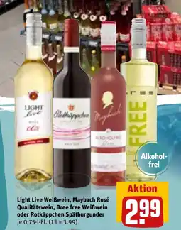 REWE DE Light live weißwein, maybach rosé qualitätswein, bree free weißwein oder rotkäppchen spätburgunder tilbud