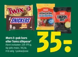 Coop 365 Mars 5-pak bars eller toms slikpose tilbud
