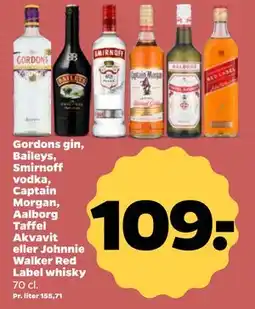 Netto Gordons gin, Baileys, Smirnoff vodka, Captain Morgan, Aalborg Taffel Akvavit eller Johnnie tilbud