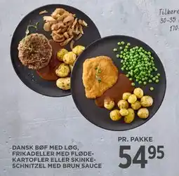 MENY DANSK BØF MED LØG, FRIKADELLER MED FLØDEKARTOFLER ELLER SKINKESCHNITZEL MED BRUN SAUCE tilbud