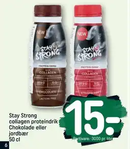REMA 1000 Stay Strong collagen proteindrik Chokolade eller jordbær 50 cl tilbud
