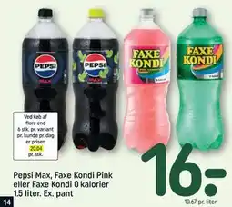 REMA 1000 Pepsi Max, Faxe Kondi Pink eller Faxe Kondi 0 kalorier 1.5 liter. Ex. pant tilbud