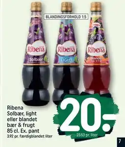 REMA 1000 Ribena Solbær, light eller blandet bær & frugt 85 cl. Ex. pant tilbud