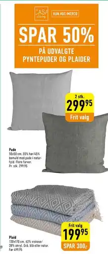 Imerco SPAR 50% PÅ UDVALGTE PYNTEPUDER OG PLAIDER tilbud