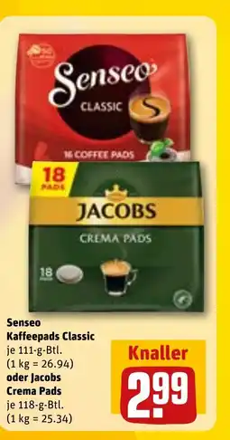 REWE DE Senseo Kaffeepads Classic oder Jacobs Crema Pads tilbud