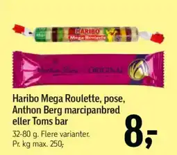 Føtex Haribo Mega Roulette, pose, Anthon Berg marcipanbrød eller Toms bar tilbud