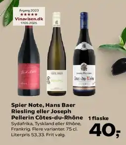SuperBrugsen Spier Note, Hans Baer Riesling eller Joseph Pellerin Côtes-du-Rhône tilbud