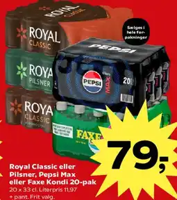 SuperBrugsen Royal Classic / Pilsner, Pepsi Max eller Faxe Kondi 20-pak tilbud