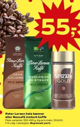 Kvickly Peter Larsen hele bønner eller Nescafé instant kaffe tilbud