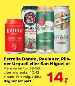 Kvickly Estrella Damm, Paulaner, Pilsner Urquell eller San Miguel tilbud