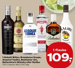 Kvickly 1-Enkelt Bitter, Brøndums Snaps, Absolut Vodka, Beefeater, Ballantine's eller Malibu tilbud