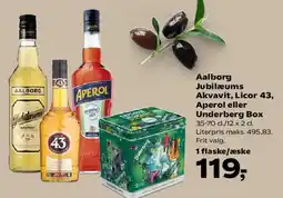 Kvickly Aalborg Jubilæums Akvavit, Licor 43, Aperol eller Underberg Box tilbud