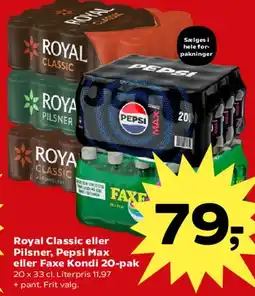 Kvickly Royal Classic / Pilsner, Pepsi Max eller Faxe Kondi 20-pak tilbud
