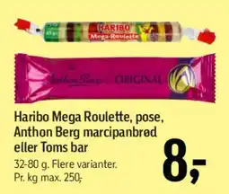 Føtex Haribo Mega Roulette / Anthon Berg marcipanbrød / Toms bar tilbud