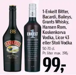 Føtex 1-Enkelt Bitter, Bacardi, Baileys, Grants, Hansen Rom, Koskenkorva, Licor 43 eller Stoli tilbud