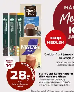 Dagli'Brugsen Starbucks kaffe kapsler eller Nescafé Mixes tilbud