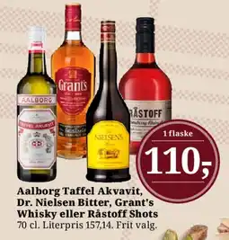 Dagli'Brugsen Aalborg Taffel Akvavit, Dr. Nielsen Bitter, Grant's Whisky eller Råstoff Shots tilbud