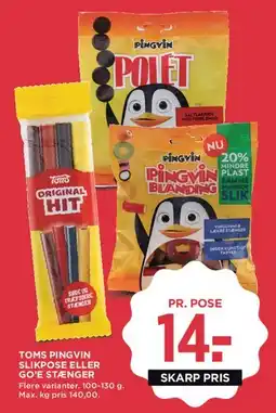 MENY Toms Pingvin slikpose / Gøe stænger tilbud