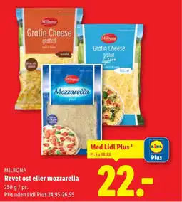 Lidl MILBONA Revet ost eller mozzarella tilbud
