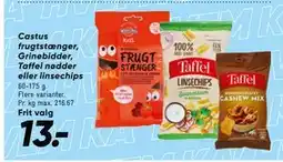 Bilka Castus frugtstænger, Grinebidder, Taffel nødder eller linsechips tilbud