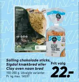 Bilka Salling chokolade sticks, Sigdal knækbrød eller Clay oven naan brød tilbud
