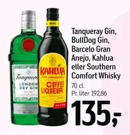 Føtex Tanqueray Gin, BullDog Gin, Barcelo Gran Anejo, Kahlua eller Southern Comfort Whisky tilbud