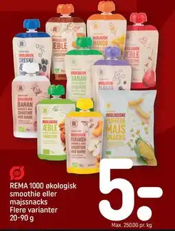 REMA 1000 REMA 1000 økologisk smoothie eller majssnacks Flere varianter 20-90 g tilbud