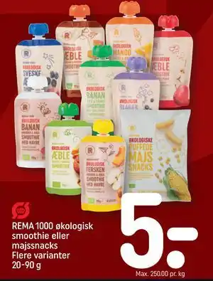REMA 1000 økologisk smoothie eller majssnacks Flere varianter 20-90 g
