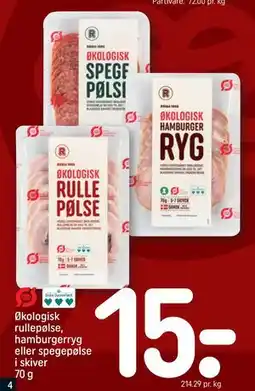 REMA 1000 Økologisk rullepølse, hamburgerryg eller spegepølse i skiver 70 g tilbud