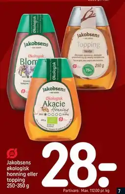 REMA 1000 Jakobsens økologisk honning eller topping 250-350 g tilbud