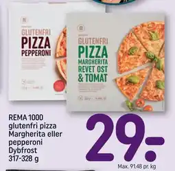 REMA 1000 REMA 1000 glutenfri pizza Margherita eller pepperoni Dybfrost 317-328 g tilbud